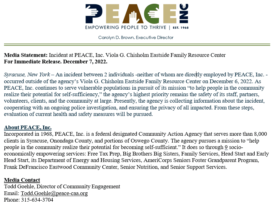 Media Statement: Incident at PEACE, Inc. Viola G. Chisholm Eastside Family Resource Center