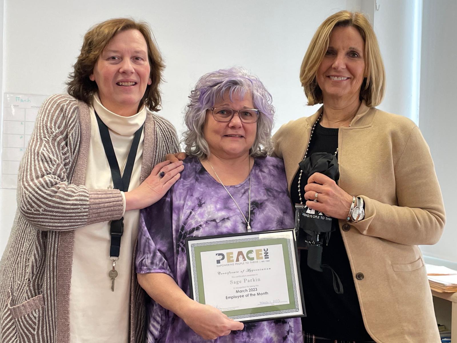 Employee of the Month Sage Parkin, RN with (L to R) Sumner Supervisor Jeannine Gilona and Executive Director Carolyn Brown.